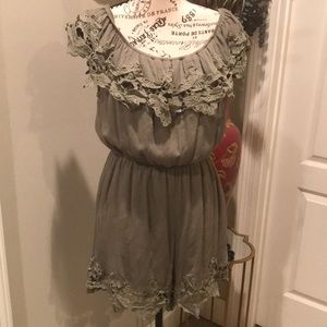 Blu Rain olive romper with Battenberg lace accents. Size Medium